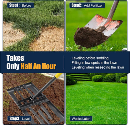 Professional Lawn Leveling Rake 27x10 Heavy Duty - Oversized Leveling Tool with 80" Rustproof Steel Handle, Foldable Landscape Grading Rake for Soil Sand Topdressing & Seeding