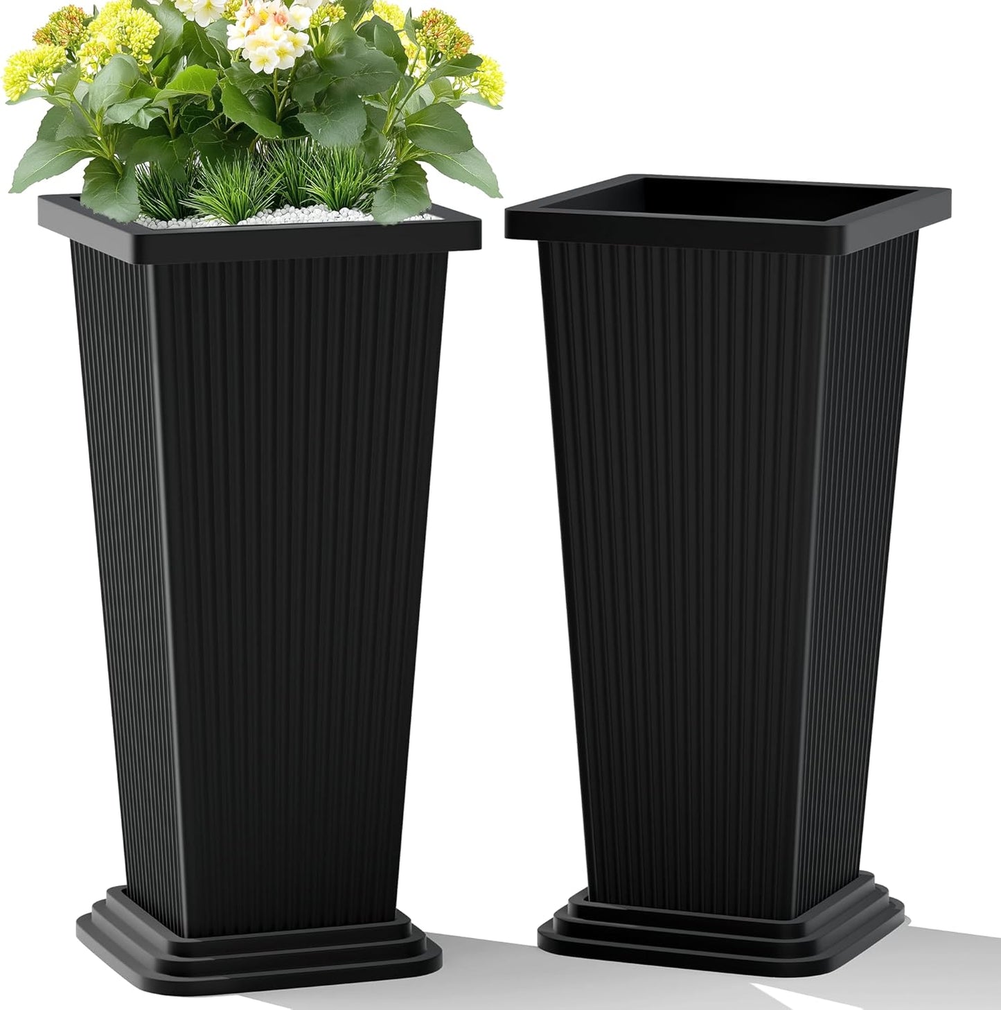 Set of 2 Large Tall Planter for Indoor or Outdoor 24" Tall Flower Pots Tapered Tall Planters with Tray for Porch, Patio, Backyard, Large Planters for Outdoor Indoor Plants(Black)