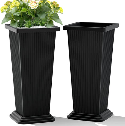 Set of 2 Large Tall Planter for Indoor or Outdoor 24" Tall Flower Pots Tapered Tall Planters with Tray for Porch, Patio, Backyard, Large Planters for Outdoor Indoor Plants(Black)