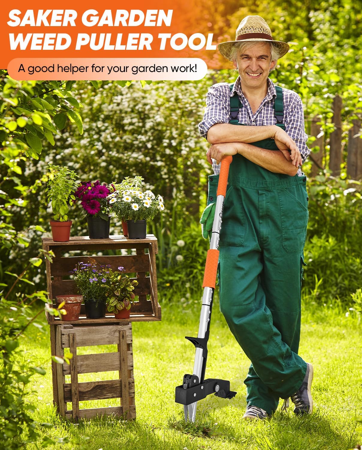 Saker Weed Puller Tool Stand Up Heavy Duty Garden Tool with Long Handle and Stainless Steel Claws for Remove Weeds Without Bending, Pulling, or Kneeling