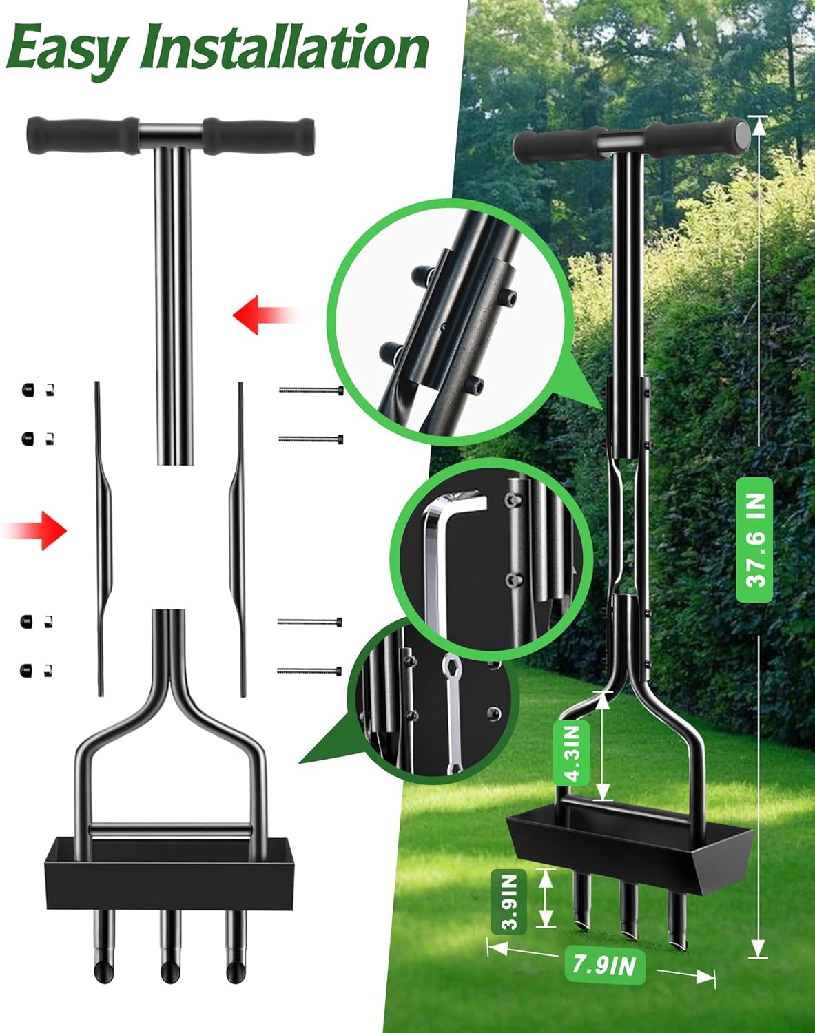 Lawn Aerator Garden Tool with Soil Core Tray, 38” Manual Grass Plug Aerators & A Cleaning Tool, Coring Aeration Tools with 3 Tines for Gardening, Soil Compaction, Lawn Yard Care, Patented Black