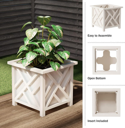 Lattice Design Planter Box 2-Pack – 14.75-Inch Decorative Outdoor Flower or Plant Pots – Front Porch, Patio, and Garden Decor by Pure Garden (White)