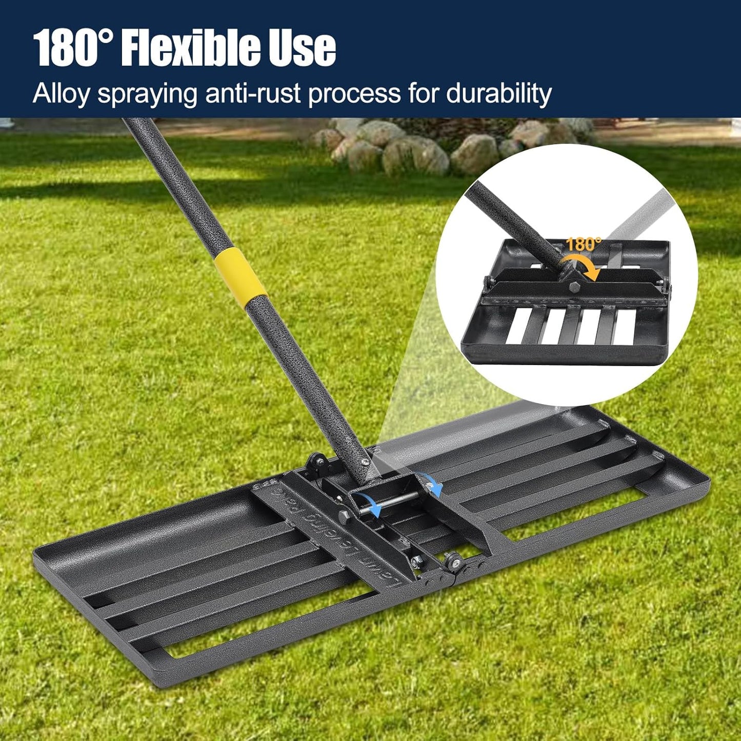 Professional Lawn Leveling Rake 27x10 Heavy Duty - Oversized Leveling Tool with 80" Rustproof Steel Handle, Foldable Landscape Grading Rake for Soil Sand Topdressing & Seeding