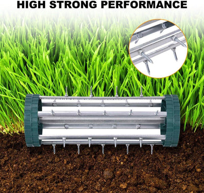 Goplus Rolling Lawn Aerator, 18-Inch Garden Yard Rotary Push Tine Heavy Duty Spike Soil Aeration, Manual Lawn Aeration Tool w/ 41-Inch Handle (Silver)