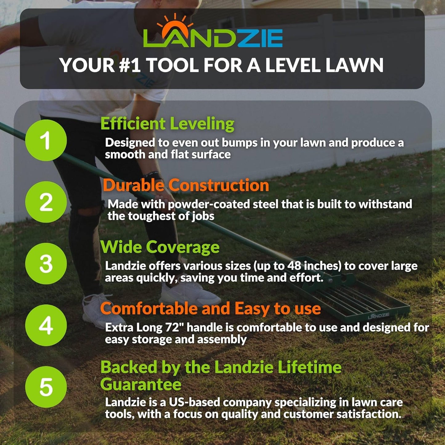 LANDZIE Lawn Leveling Rake – 36" Steel Handle Yard Leveler, Lawn Level Tool for Creating a Flat Surface - Works for Soil, Dirt, Topdressing, and Ground