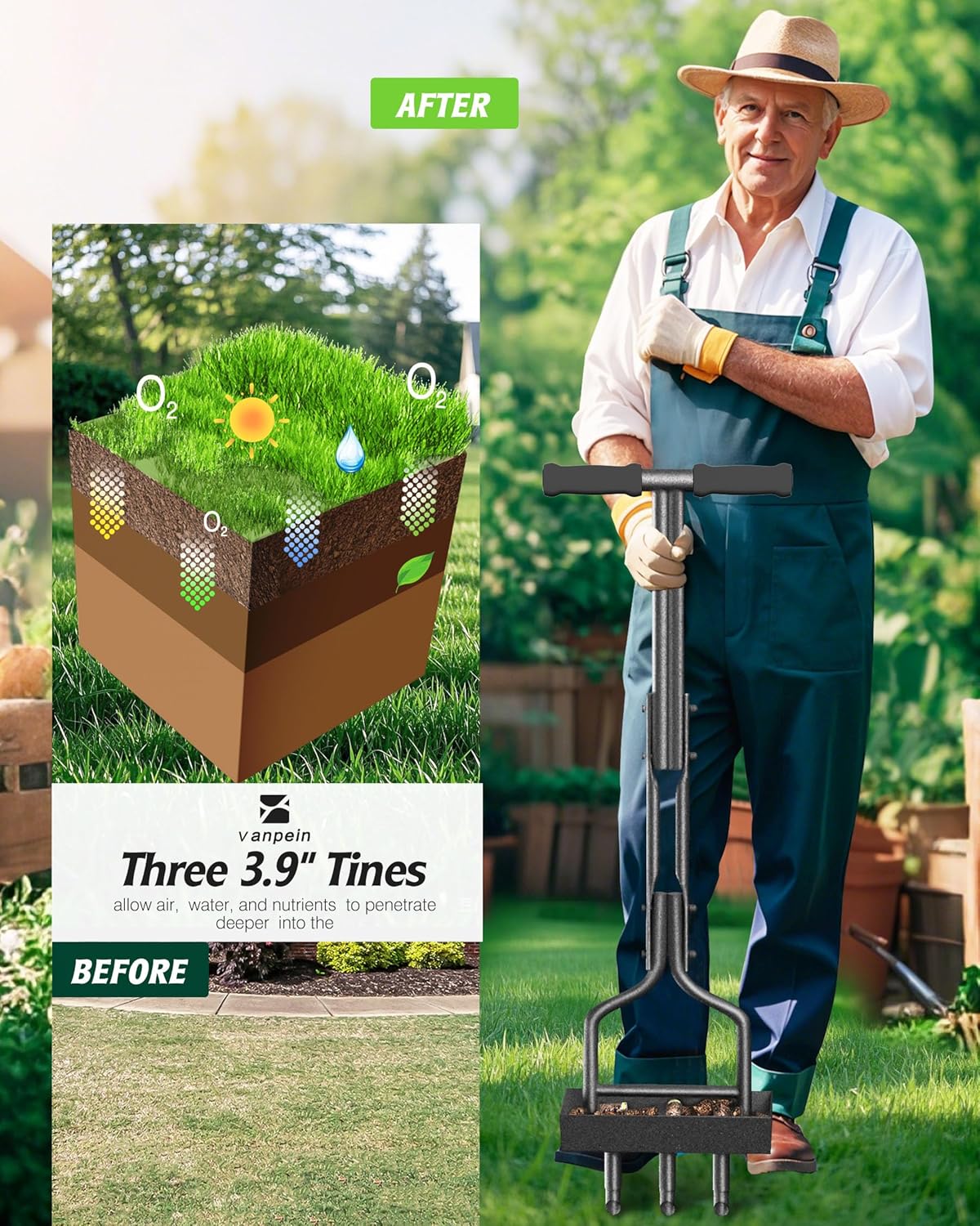 Lawn Aerator Garden Tool with Soil Core Tray, 38” Manual Grass Plug Aerators & A Cleaning Tool, Coring Aeration Tools with 3 Tines for Gardening, Soil Compaction, Lawn Yard Care, Patented Black