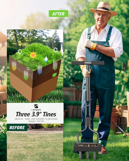 Lawn Aerator Garden Tool with Soil Core Tray, 38” Manual Grass Plug Aerators & A Cleaning Tool, Coring Aeration Tools with 3 Tines for Gardening, Soil Compaction, Lawn Yard Care, Patented Black