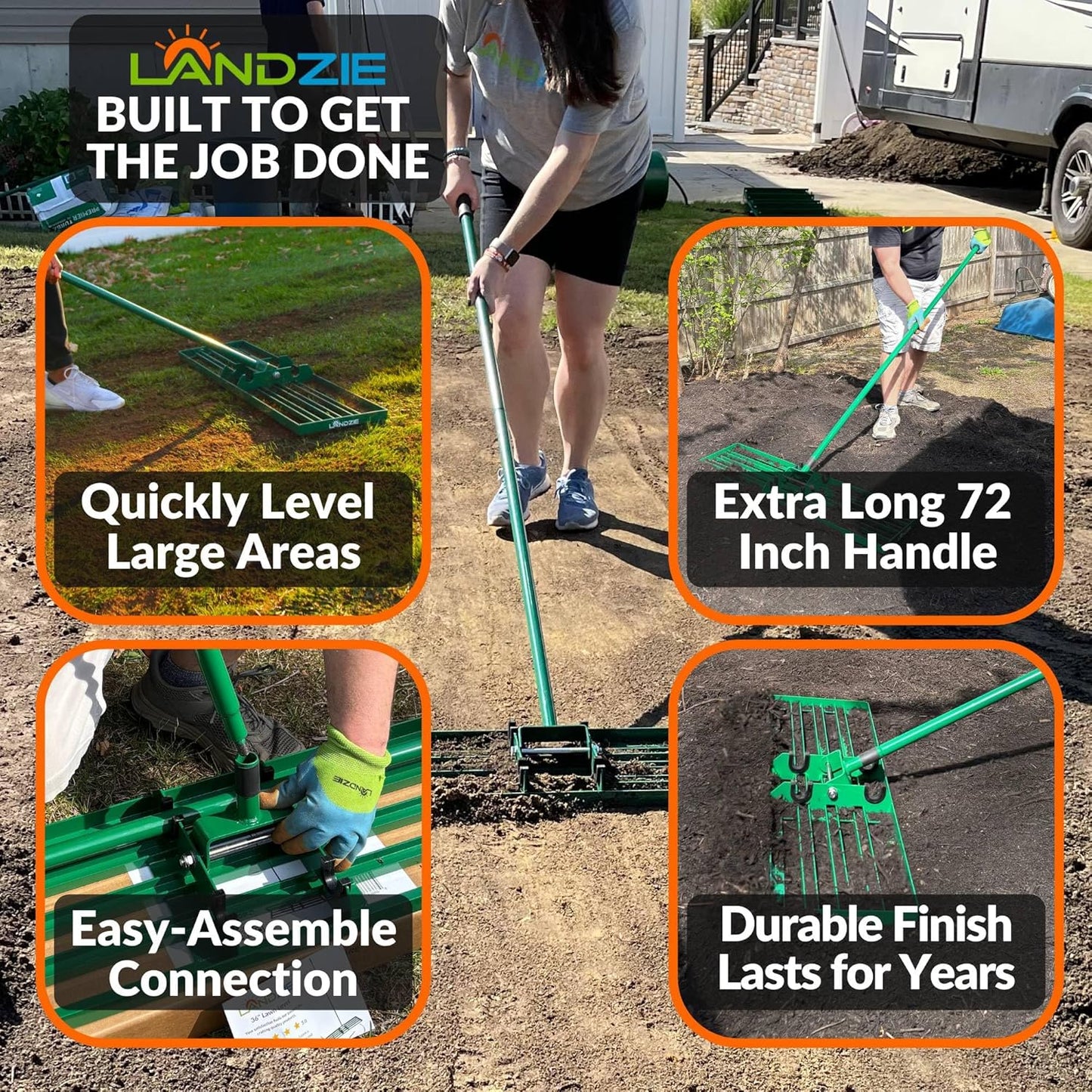 LANDZIE Lawn Leveling Rake – 36" Steel Handle Yard Leveler, Lawn Level Tool for Creating a Flat Surface - Works for Soil, Dirt, Topdressing, and Ground