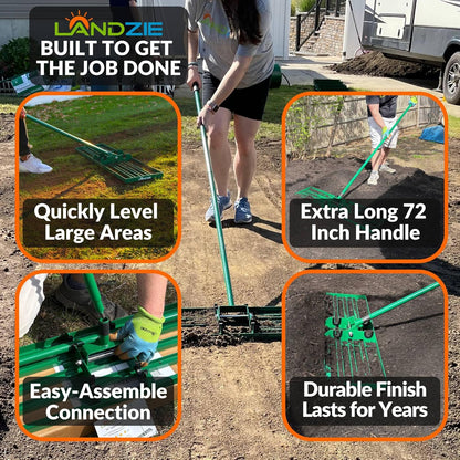 LANDZIE Lawn Leveling Rake – 36" Steel Handle Yard Leveler, Lawn Level Tool for Creating a Flat Surface - Works for Soil, Dirt, Topdressing, and Ground
