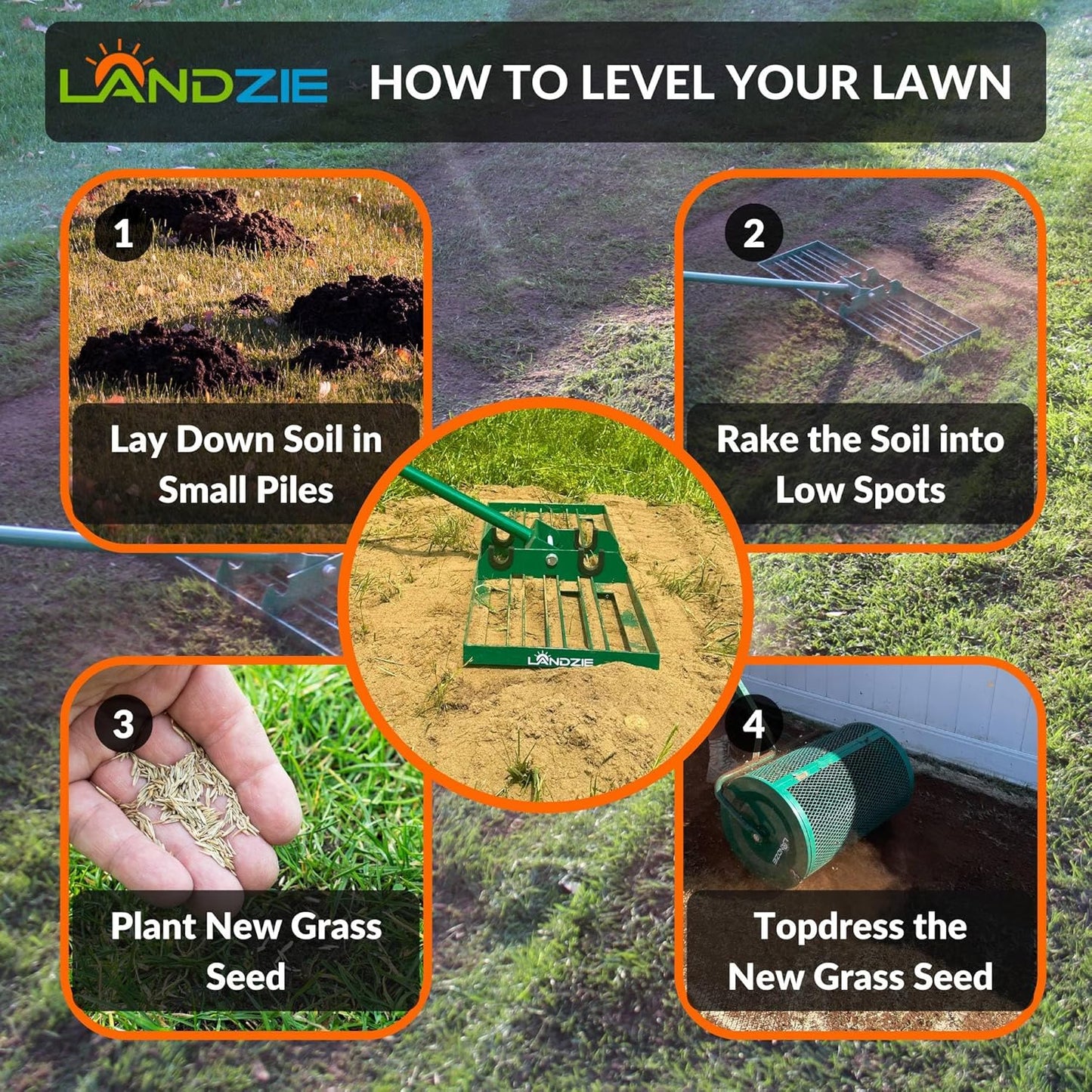 LANDZIE Lawn Leveling Rake – 36" Steel Handle Yard Leveler, Lawn Level Tool for Creating a Flat Surface - Works for Soil, Dirt, Topdressing, and Ground