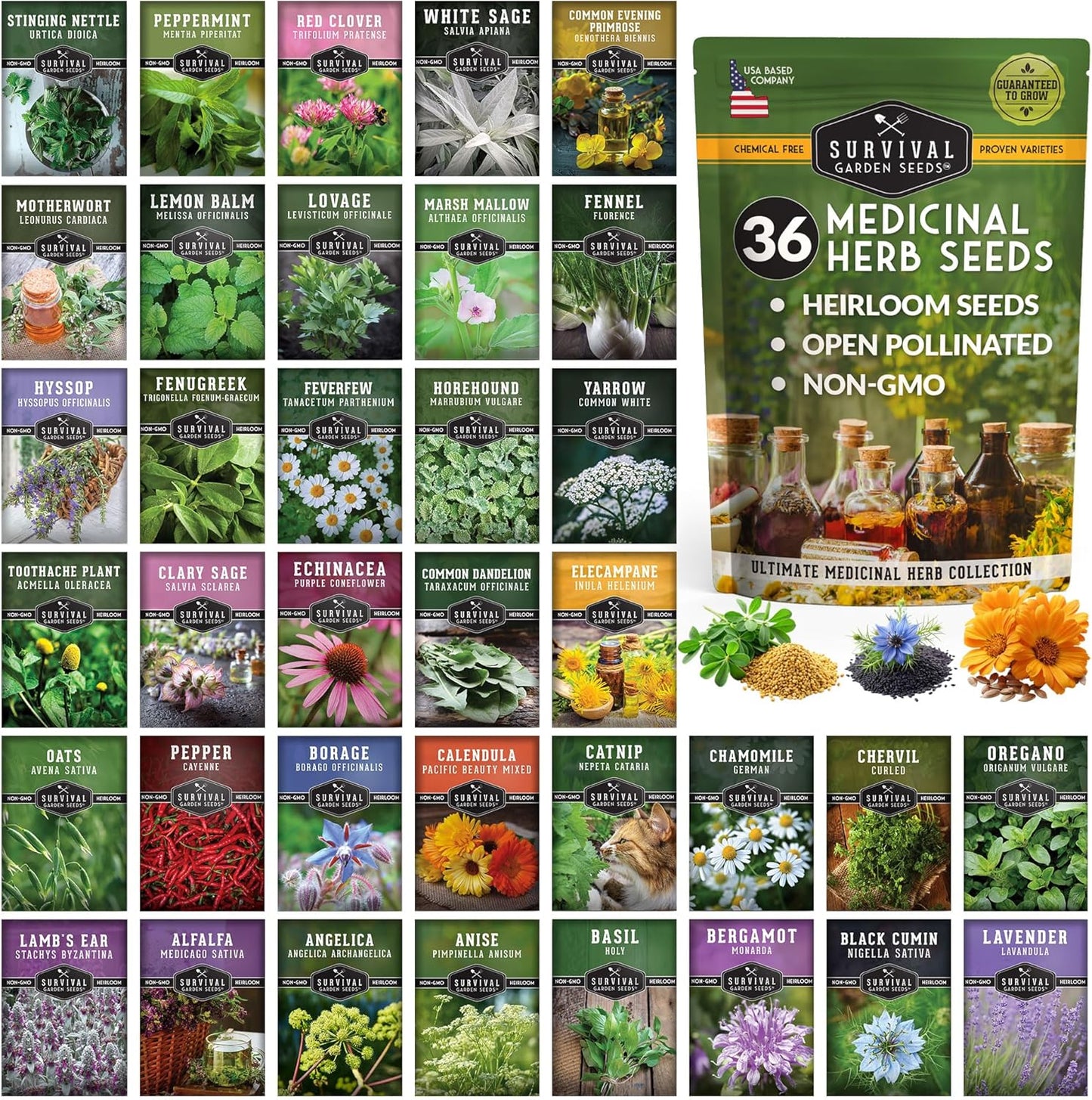 Ultimate Medicinal Herbs 36 Variety Pack - 28,000+ Herb Seeds for Planting Essential Healing Plants - Mixed Assortment with Culinary, Medicinal, Tea Herbs - Non-GMO Heirloom - Survival Garden Seeds