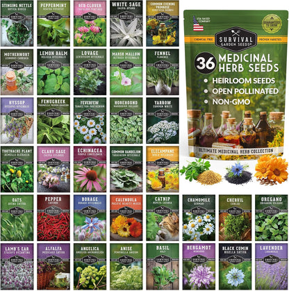 Ultimate Medicinal Herbs 36 Variety Pack - 28,000+ Herb Seeds for Planting Essential Healing Plants - Mixed Assortment with Culinary, Medicinal, Tea Herbs - Non-GMO Heirloom - Survival Garden Seeds