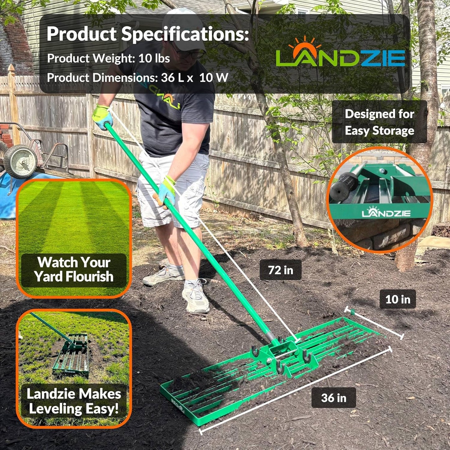 LANDZIE Lawn Leveling Rake – 36" Steel Handle Yard Leveler, Lawn Level Tool for Creating a Flat Surface - Works for Soil, Dirt, Topdressing, and Ground