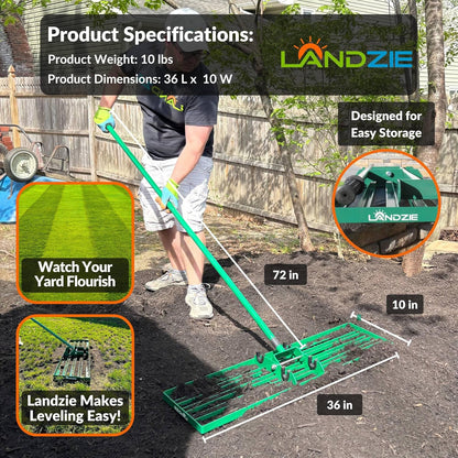 LANDZIE Lawn Leveling Rake – 36" Steel Handle Yard Leveler, Lawn Level Tool for Creating a Flat Surface - Works for Soil, Dirt, Topdressing, and Ground