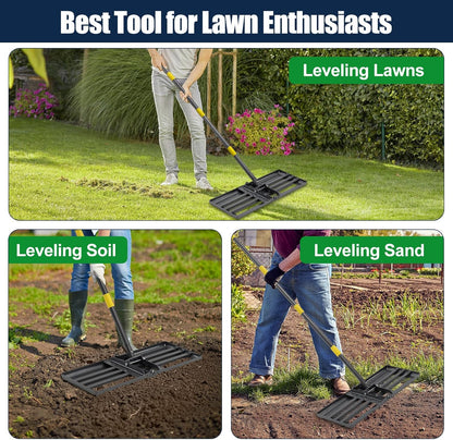 Professional Lawn Leveling Rake 27x10 Heavy Duty - Oversized Leveling Tool with 80" Rustproof Steel Handle, Foldable Landscape Grading Rake for Soil Sand Topdressing & Seeding