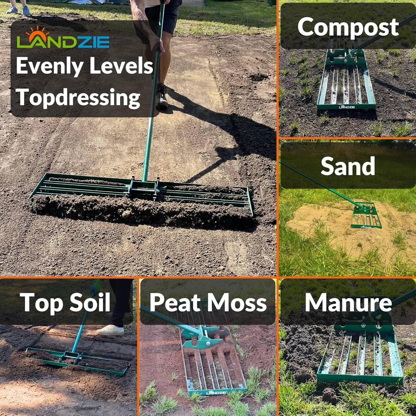 LANDZIE Lawn Leveling Rake – 36" Steel Handle Yard Leveler, Lawn Level Tool for Creating a Flat Surface - Works for Soil, Dirt, Topdressing, and Ground